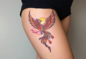 magnificent phoenix rising from flames with trailing embers with a pink and golden sunset and sky with puffy clouds and heaven backdrop tattoo idea