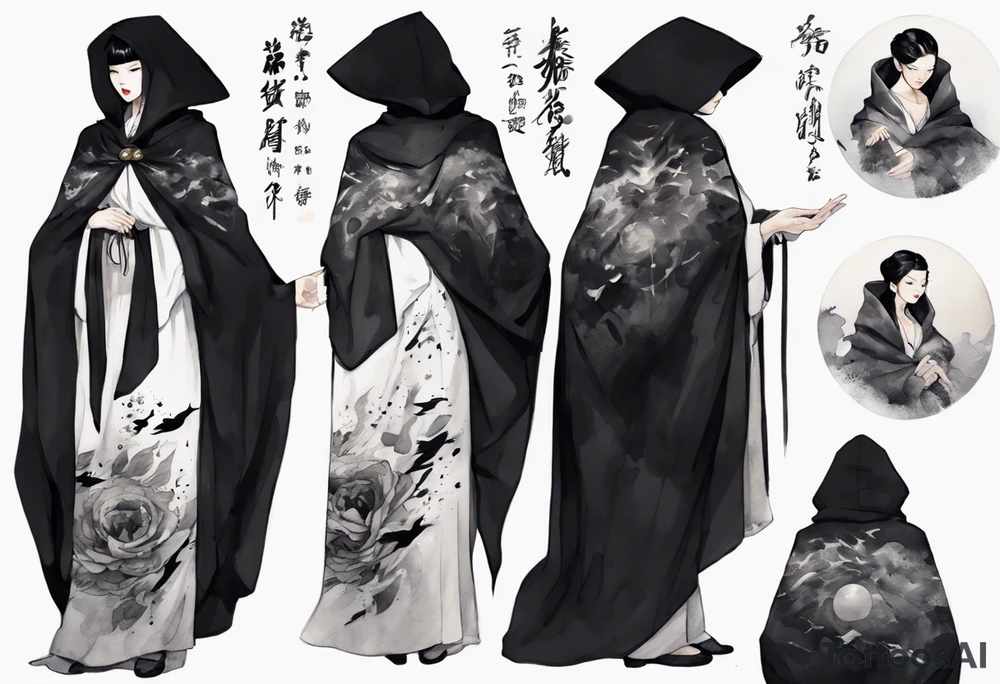a 50-year-old black-haired woman dressed in a black and white cloak, at night tattoo idea
