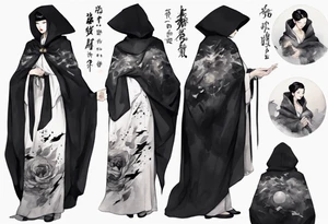 a 50-year-old black-haired woman dressed in a black and white cloak, at night tattoo idea