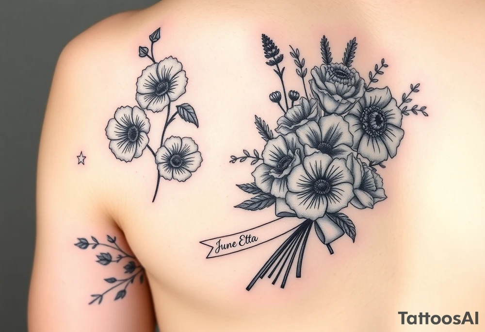 Half arm sleeve tattoo of 3 hollyhock flowers, one wild rose, 5 wild flowers in a bouquet with ribbon bow towards the bottom like the just got picked. On the ribbon include three names: June Etta, Roxy, Rosalie. Next the bouquet sperately put a full realistic doctors stethoscope tattoo idea