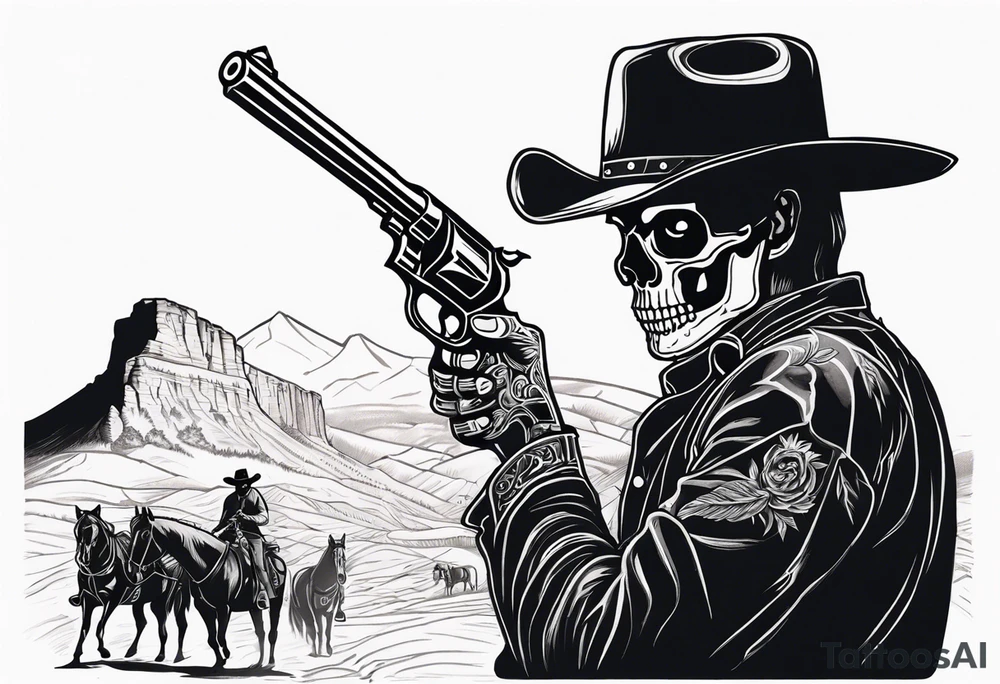 skeleton with a cowboy hat, holding a revolver, in the background there's a western hill and a man on a horseback tattoo idea