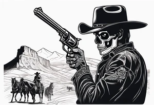 skeleton with a cowboy hat, holding a revolver, in the background there's a western hill and a man on a horseback tattoo idea