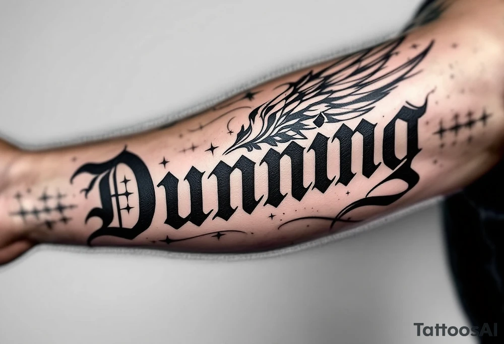 Dunning,on left forearm details include angel wing, greek type of font,jungle leaves , tiger claw scratch tattoo idea