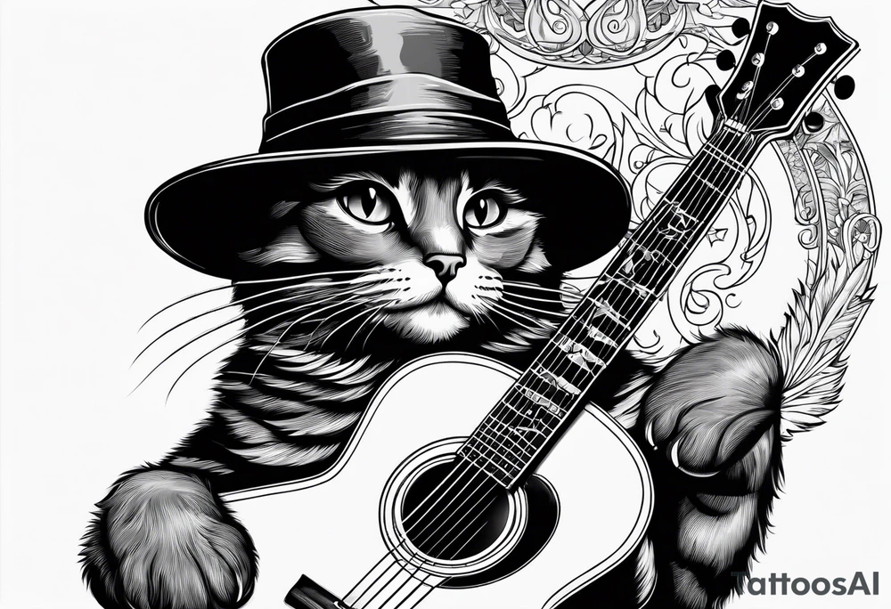 black cat funny hat holding a guitar tattoo idea