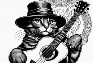 black cat funny hat holding a guitar tattoo idea