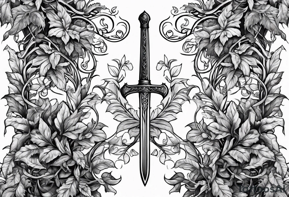 Leafy vines with sword tattoo idea