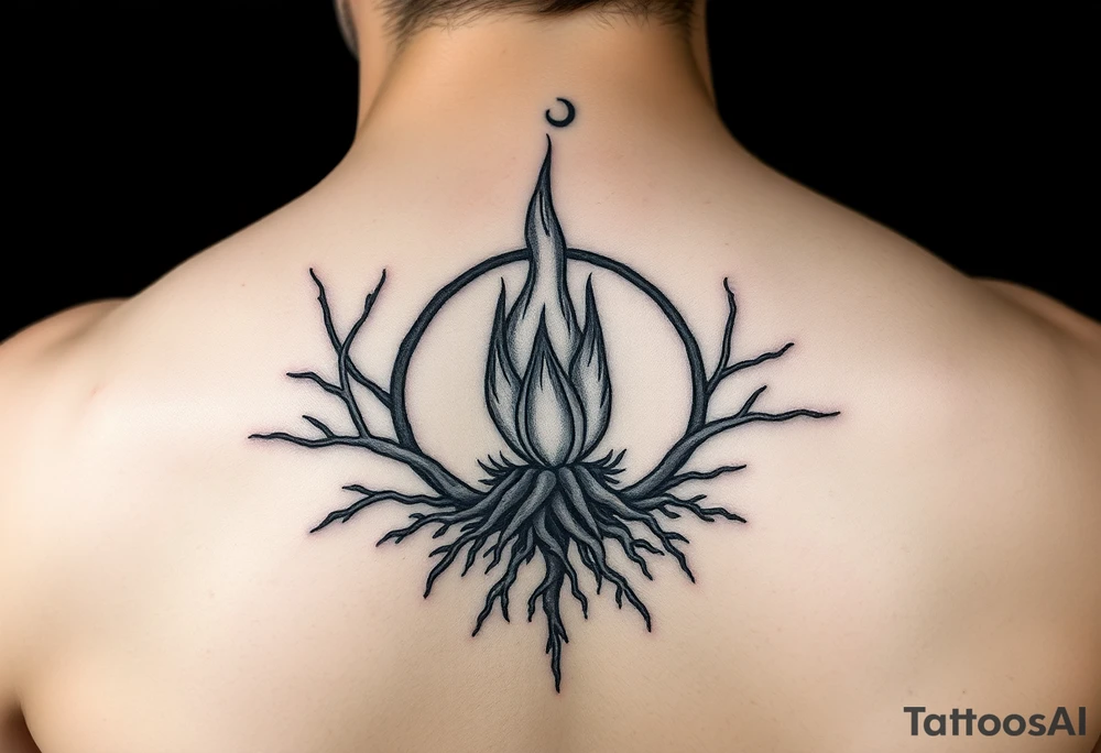 a flame imprisoned in roots circle on the shoulder tattoo idea