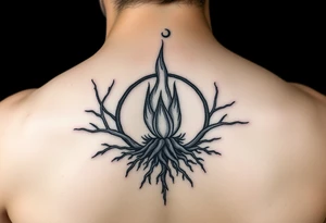a flame imprisoned in roots circle on the shoulder tattoo idea