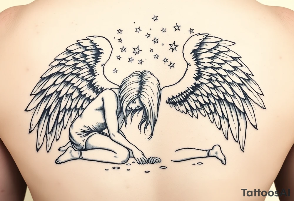 Fallen angels on knees head down looking his nonsese dropped hands on ground while his long blonde hair cover his face and his great full wings  scattered in the sky tattoo idea
