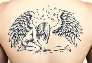 Fallen angels on knees head down looking his nonsese dropped hands on ground while his long blonde hair cover his face and his great full wings  scattered in the sky tattoo idea
