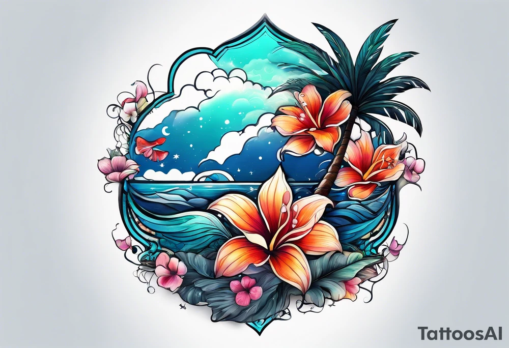 sea,, night, flower, palm, tattoo idea