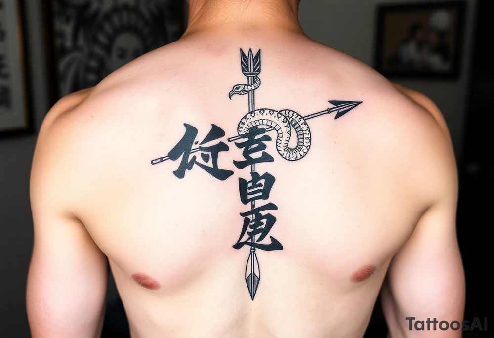 japanese writing with bow and arrow with snake wrapped around on chest tattoo idea