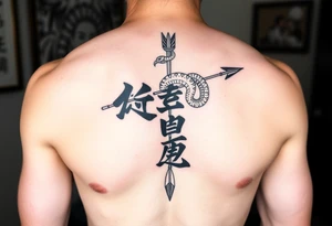 japanese writing with bow and arrow with snake wrapped around on chest tattoo idea