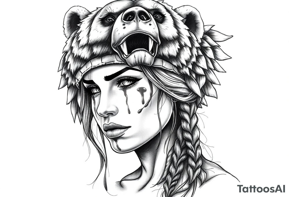 Beautiful Womans shedding a tear, with battle scars and blood on face, wearing a mean looking bear headdress on head tattoo idea