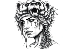 Beautiful Womans shedding a tear, with battle scars and blood on face, wearing a mean looking bear headdress on head tattoo idea