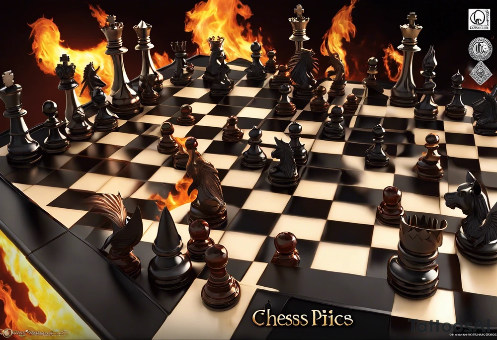 Create a visually stunning chessboard with celestial and infernal themes on opposite sides. Use radiant symbols like halos, feathers, and angelic wings for the celestial side, and incorporate flames, tails, and demonic horns for the infernal side.

Chess Pieces: Design the chess pieces as intricate representations of angels and demons. The angelic pieces could be elegant and ethereal, while the demonic pieces might have a more menacing and fierce appearance.

Details: Add small details to each square on the chessboard, such as heavenly clouds on the angelic side and swirling flames on the demonic side. This intricate detailing enhances the overall visual appeal.

Interaction: Show the chess pieces in mid-motion, suggesting a dynamic and ongoing struggle between the forces. The interaction between the pieces can convey the intensity of the eternal game. tattoo idea
