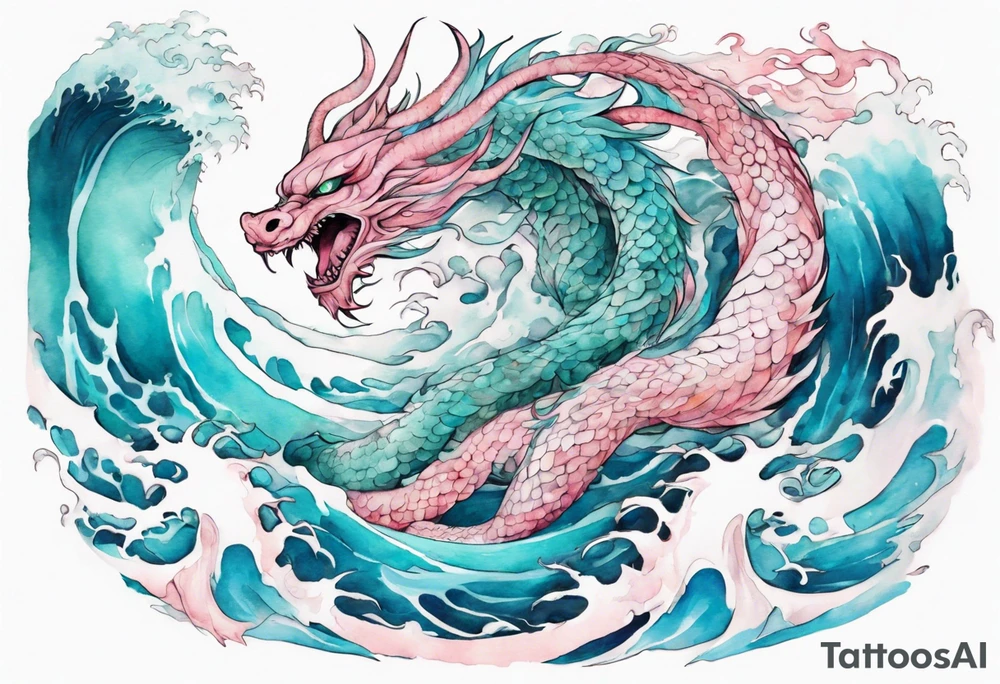 a beautiful turquoise pink and white Tiamat rising from the blue waves of the ocean tattoo idea