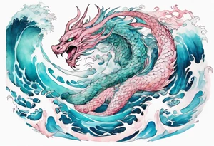 a beautiful turquoise pink and white Tiamat rising from the blue waves of the ocean tattoo idea