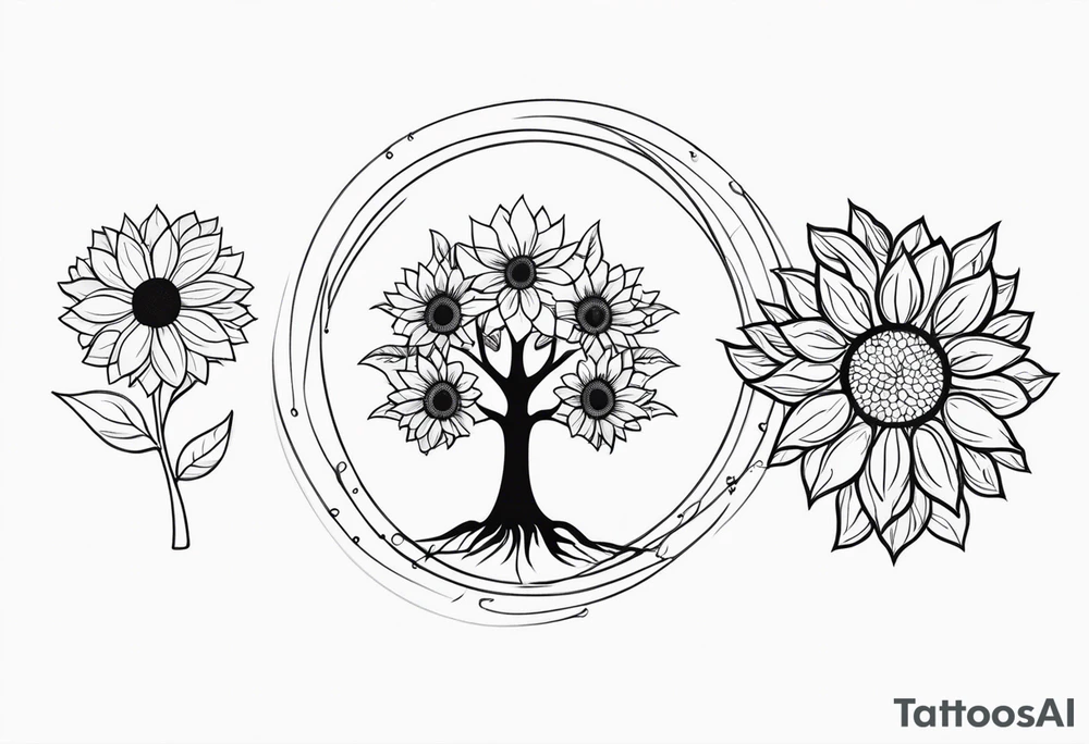 Feminine Yggdrasil tree with two sunflowers tattoo idea
