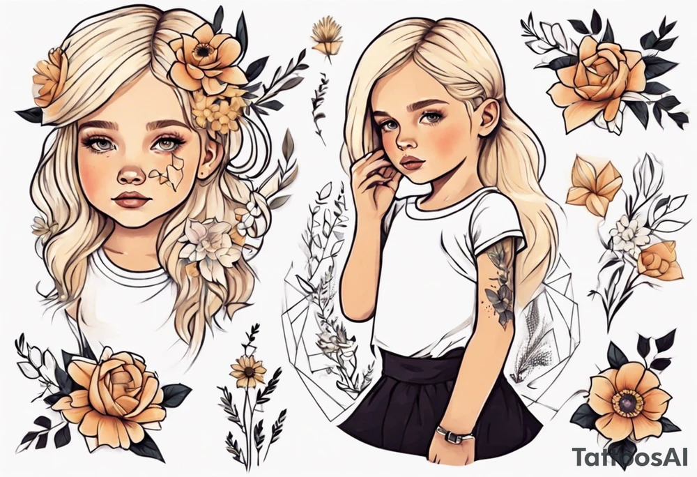Little girl with blonde hair holding flowers tattoo idea