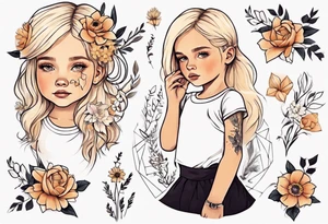 Little girl with blonde hair holding flowers tattoo idea