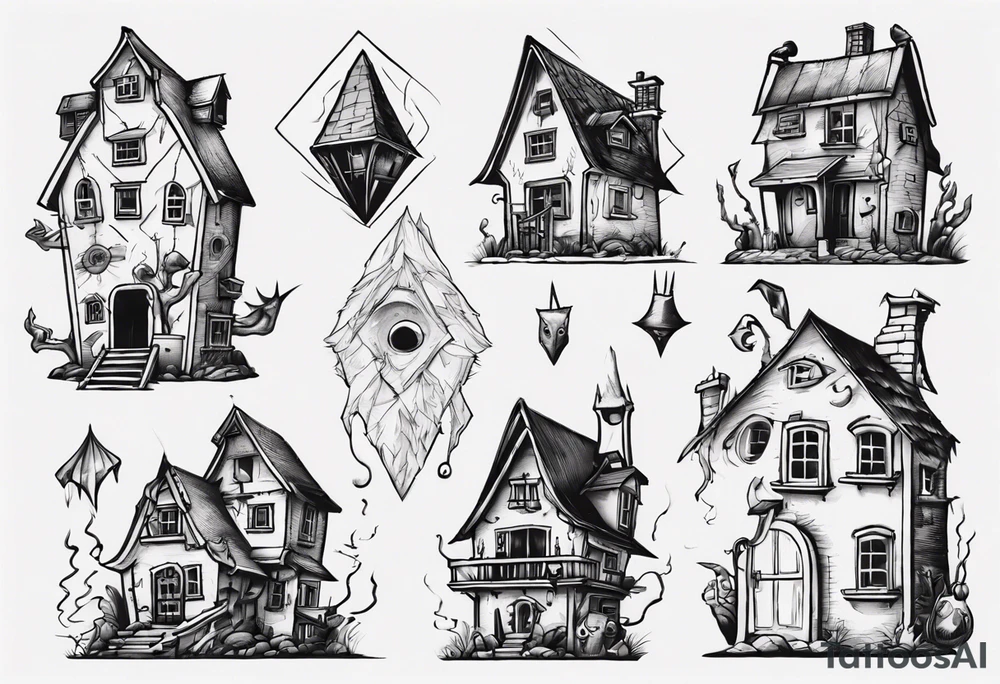 A little house with a monster coming out of its pointy roof tattoo idea