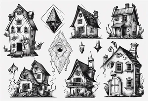 A little house with a monster coming out of its pointy roof tattoo idea