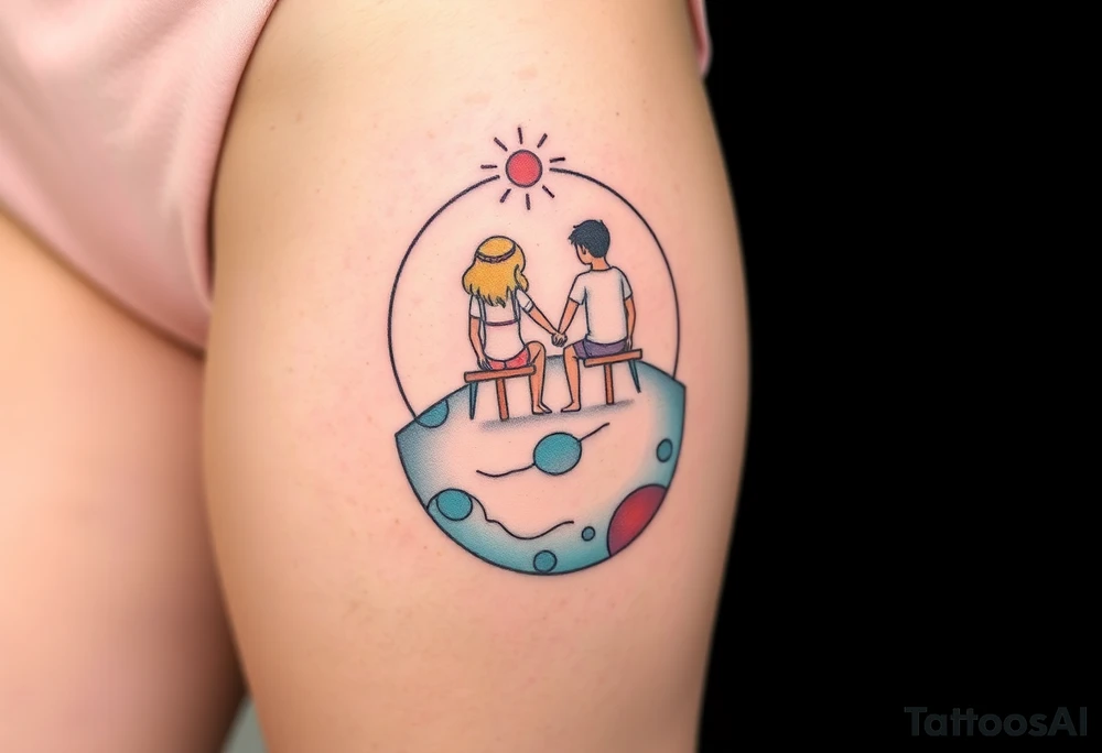 Two people holding hands, sitting in beach chairs, sitting on a giant planet tattoo idea