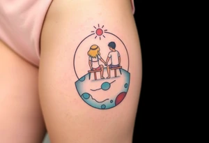 Two people holding hands, sitting in beach chairs, sitting on a giant planet tattoo idea