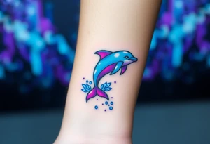 A pixelated dolphin emerging from digital waves, with cyberpunk hues of neon blue and purple tattoo idea