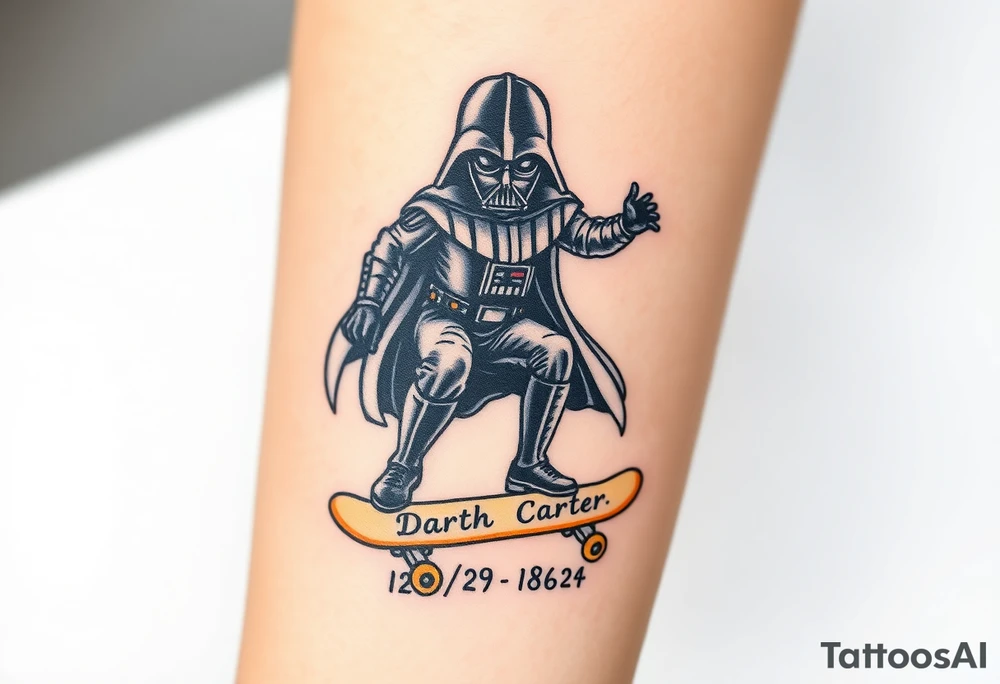 Darth Vader skateboarding > bullets > in loving memory > colors
add words "Darth Carter" to skateboard
add date 12/29/88-01/06/24 tattoo idea