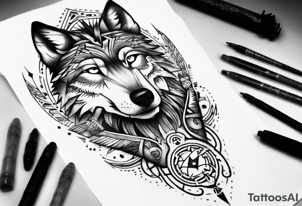 want a half sleeve on my left forearm featuring a side profile of wolf with a vegvisir for its eye, surrounded by Māori patterns tattoo idea