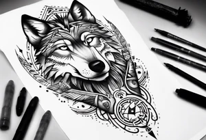 want a half sleeve on my left forearm featuring a side profile of wolf with a vegvisir for its eye, surrounded by Māori patterns tattoo idea
