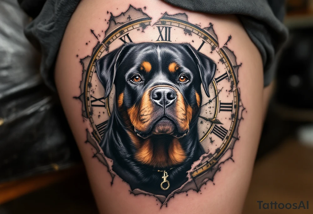 Rottweiler and Clock Tattoo – A wise-looking Rottweiler with a broken Roman numeral clock behind it. Muted browns, gold, and grayscale to create a timeless vibe. tattoo idea