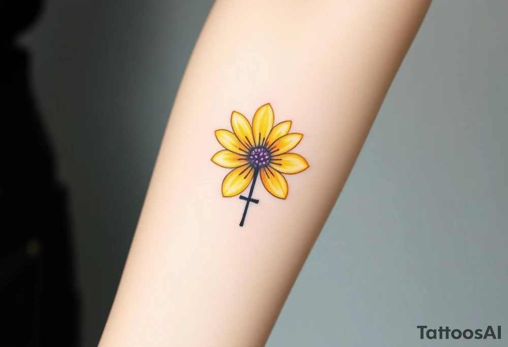 Simple yellow daisy with Purple Hearts & cross tattoo idea