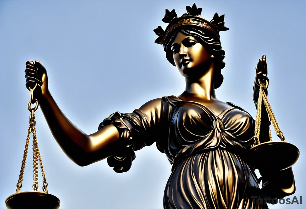 Lady Justice, 
Blindfold: Symbolizes impartiality, indicating that justice should be administered without bias, regardless of identity, wealth, power, or status.
Scales: Represent the weighing of evidence and arguments, ensuring a balanced and fair verdict.
Sword: Signifies the enforcement of justice and the authority to make decisions that can have powerful consequences.
In this depiction, Lady Justice is shown with black hair, which is a unique artistic choice compared to the more traditional representations. The scales, blindfold, and sword are all present, adhering to the classic iconography but with a modern and colorful twist. blue roses frames, background blue,present it in a tattoo tattoo idea