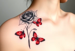 Rose and daffodil with 2 red butterflies one larger than other female tattoo on shoulder/chest tattoo idea
