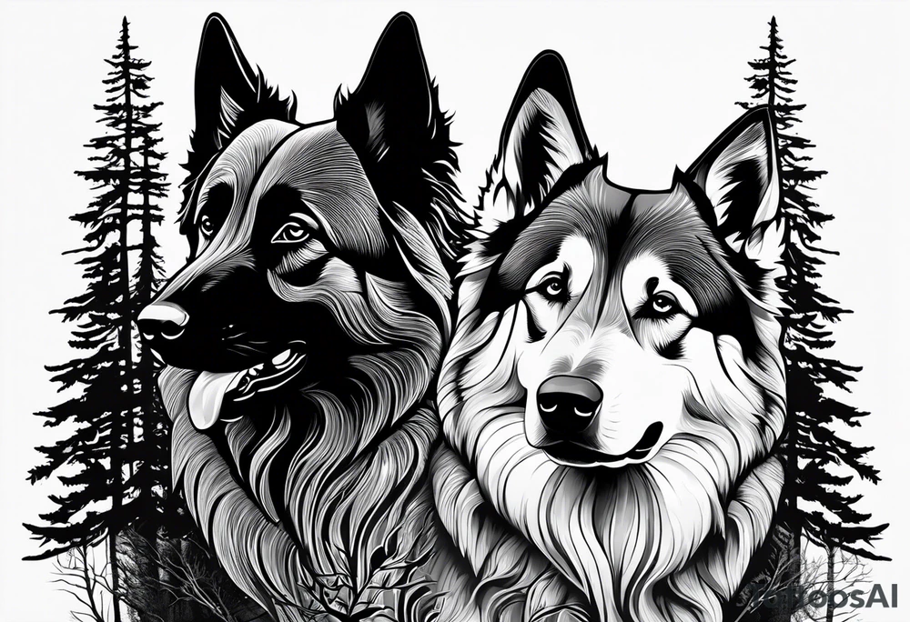 two norwegian elkhounds guarding a dark forest tattoo idea