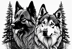 two norwegian elkhounds guarding a dark forest tattoo idea