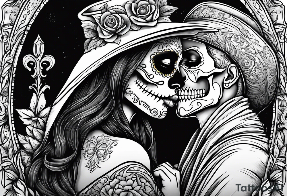 Day of the dead woman kissing grim reaper tattoo idea