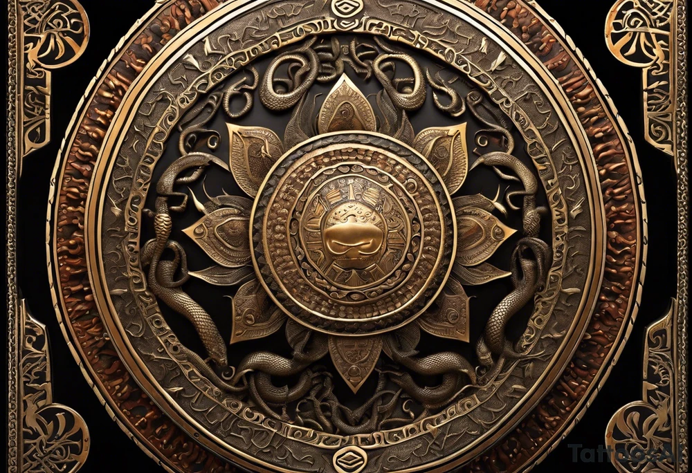 A shield with intricate patterns and engravings, adorned with coiled snakes and scorpions underneath. Rays of light emanate from the shield, signifying spiritual power. Bold outlines for the shield and creatures, with detailed patterns. Delicately depict the scales of snakes and the segmented bodies of scorpions. Integrate the creatures harmoniously with the overall design. tattoo idea