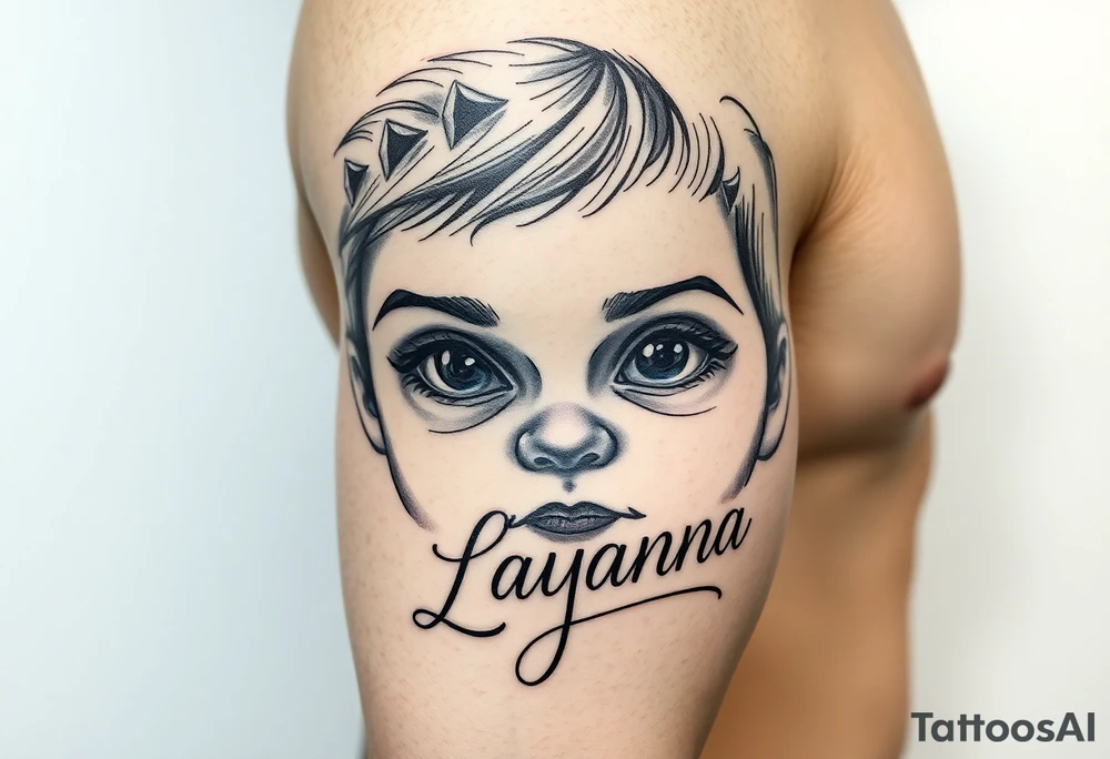 Baby girl newborn eyes with the name layanna at the bottom of it tattoo idea