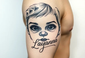 Baby girl newborn eyes with the name layanna at the bottom of it tattoo idea