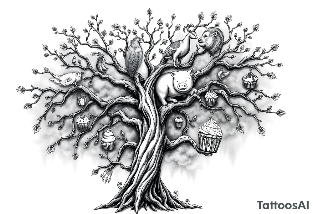 mystical tree  with cosmic  branches fat naked sexy woman , peacock , pig , cupcakes, sins,  Storm clouds, pig, peacock , fat sexy naked fat woman, cake, clouds, noose , money, goat lion, man sex toys pussy dicks, cigerette storm lightening, killing, darkness death, violent majestic creatures and penis and vagina tattoo idea