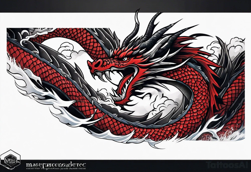 dragon irezumi arm sleeve in black and red with water and lightning tattoo idea