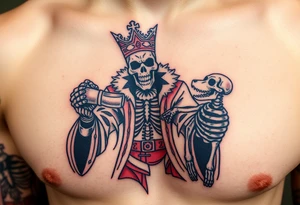 evil skeleton king in clothes having a good time getting drunk with skeleton dog tattoo idea