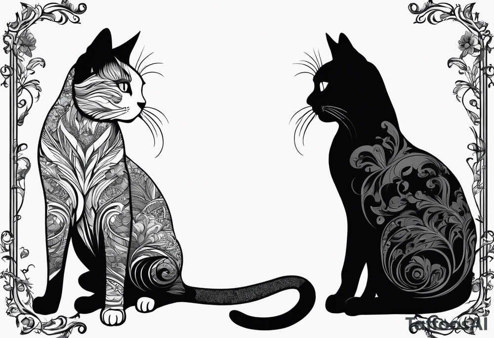 Two cat silhouettes. One gray and one fully black tattoo idea