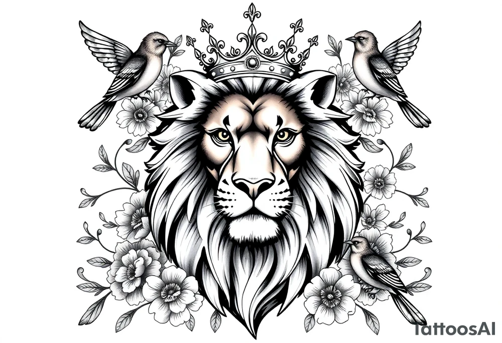 powerful majestic lion with a crown, surrounded by floral ornaments and birds tattoo idea