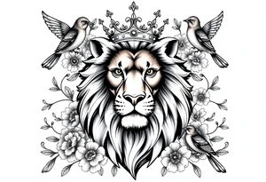 powerful majestic lion with a crown, surrounded by floral ornaments and birds tattoo idea