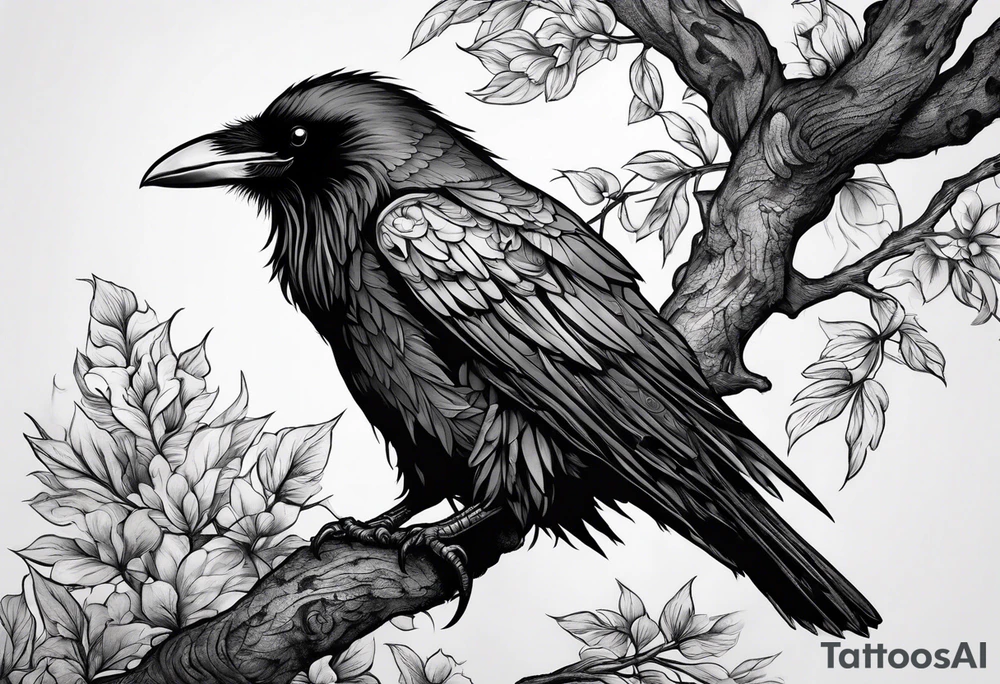 raven perched on branch tattoo idea